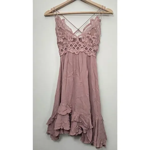 Free People Adella Lace Slip Mini Dress Size XS Pink Mauve - Picture 2 of 8